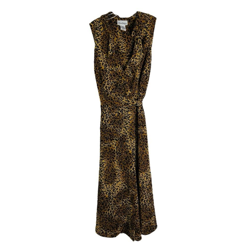 Ultra Dress brown tan black animal print leopard wrap ruffle maxi dress 14